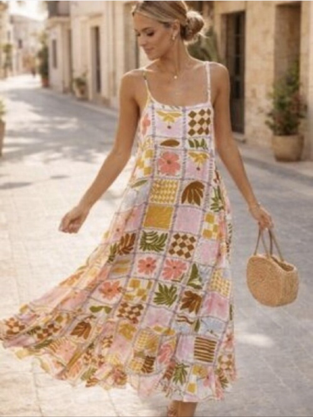 Paper Heart Patchwork Summer Cutout Tie Back Strappy Dress Womens Size M